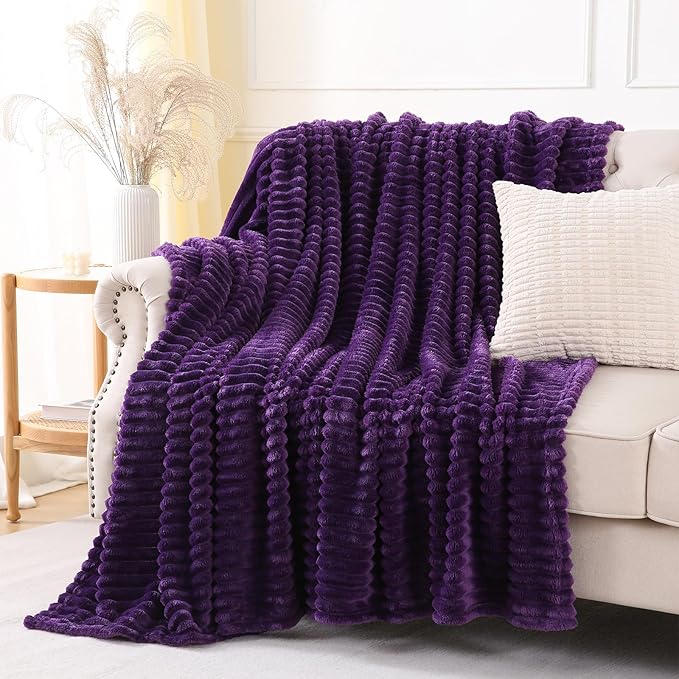 Deep Purple Throw Blanket for Couch Sofa 50x60 inches Striped Design | Fleece - Image 3