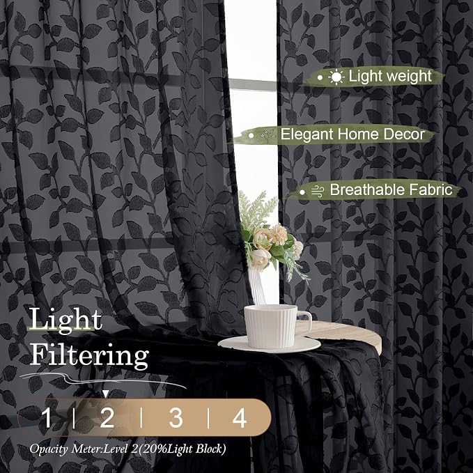Chyhomenyc Black Sheer Curtains 84 Inch Length 2 Panels Set, Light Filtering - Image 2