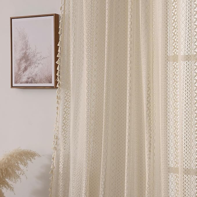 WAZZIO Boho Lace Curtains 90 Inches 2 Panel, Light Filtering Privacy Tassel & - Image 5