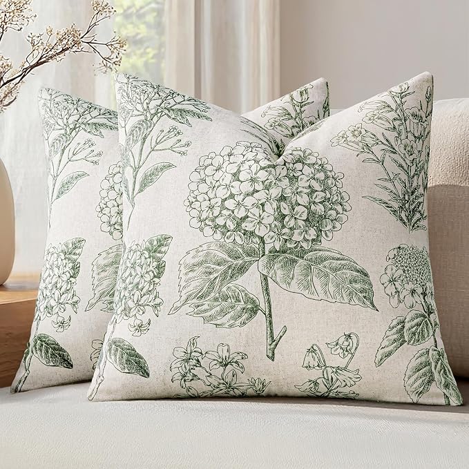 Set of 2 Decorative Floral Pillow Covers 22x22 Inch Dark Green | Neutral by SWANCOCO