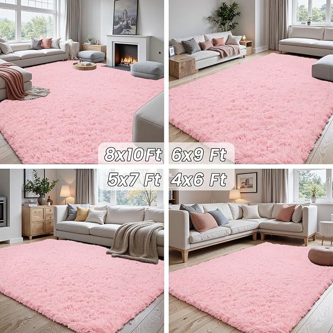 8x10 Area Rug for Living Room: Soft Fluffy Shag Pink Rugs for Bedroom, Non-Slip - Image 8
