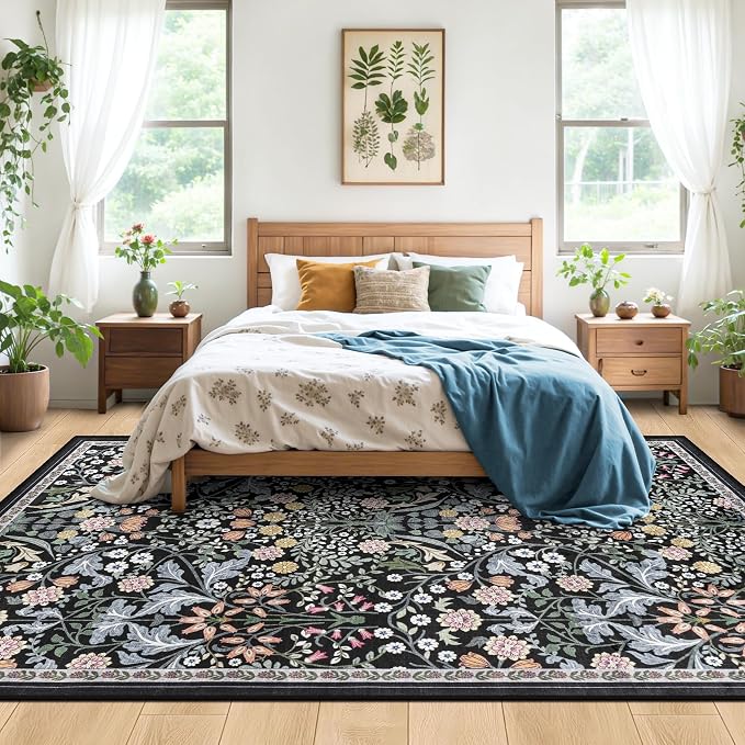 PLHXFR Area Rug Living Room: 5x7 Floral Washable Boho Carpet Dark Black | - Image 3