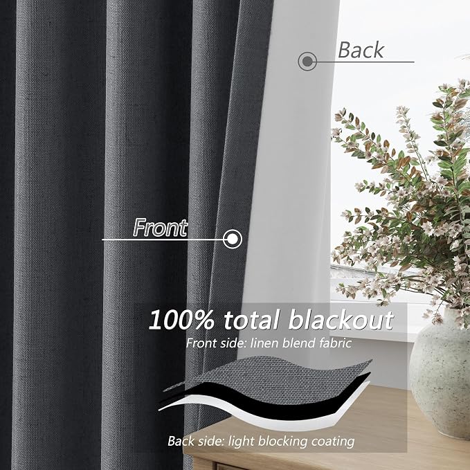 Guken Blazer Grey 100% Blackout Linen Curtains 120 Inch Length 2 Panels Set - Image 4