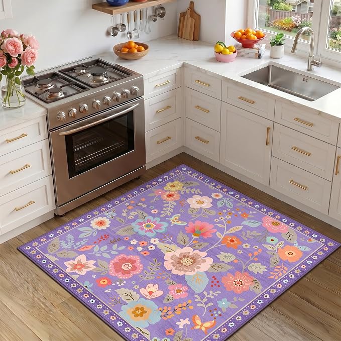 RELEANY Floral Washable Square 4ft Area Rug Purple/Pink | Flower Carpet Print by RELEANY