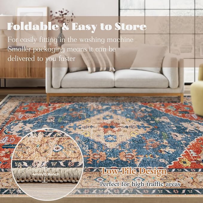 Area Rug 5x7 Washable Rug, Vintage Boho Medallion Rugs Non-Slip Soft Low Pile - Image 7