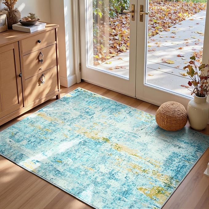 Entryway Rug 3x5 Teal Blue Bedroom Area Rug Washable Non Slip Abstract Boho Rugs by OmpaaHomeDecor