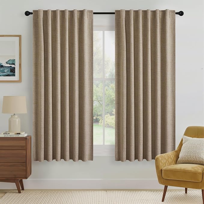 RYB HOME Burlap 100% Blackout Curtains 63 inch Long, Light Blacking & Thermal by RYBHOME