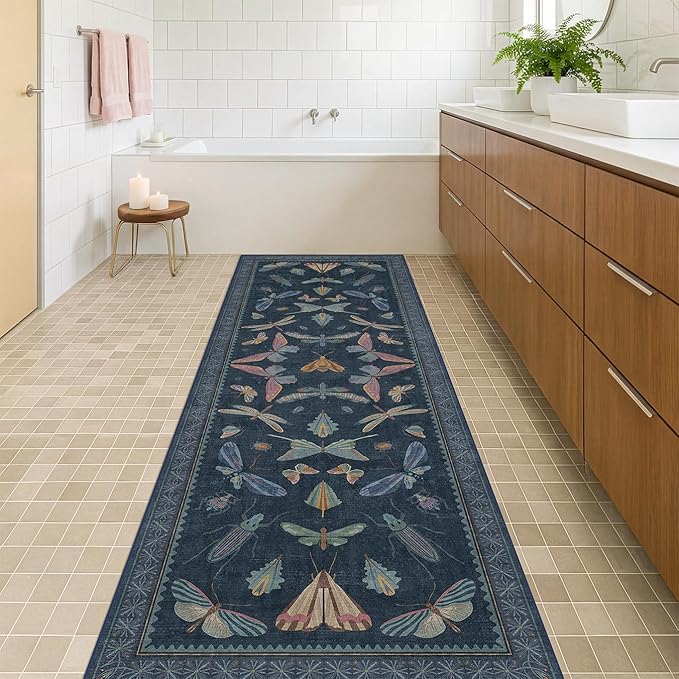 Vintage 2x6 Navy Blue Bathroom Rugs by HazoHaus