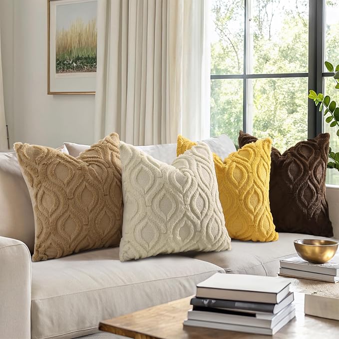 decorUhome Throw Pillow Covers 26x26 Inch Set of 2, Soft Plush Faux Wool Khaki - Image 2