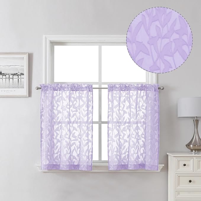 Lecloud Leia Light Purple Sheer Kitchen Curtains 24 Inch Length 2 Panels by Lecloud