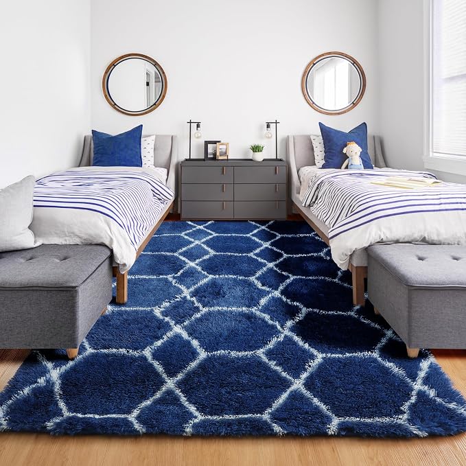 Area Rugs for Living Room, 5x8 Fluffy Navy and White Bedroom Geometric Rug | - Image 7