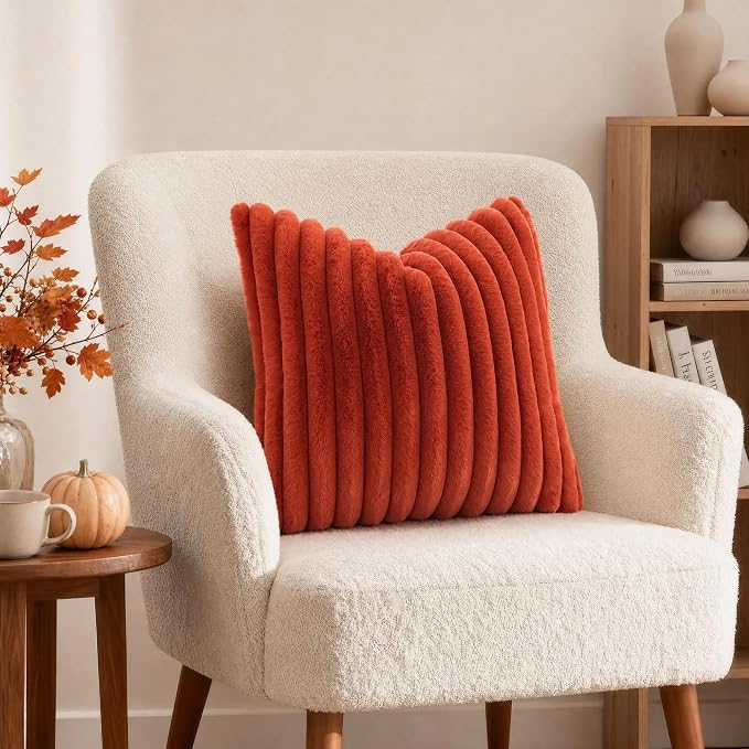 decorUhome Fall Faux Fur Throw Pillow Covers 20x20 Set of 2 Rust | Decorative - Image 4