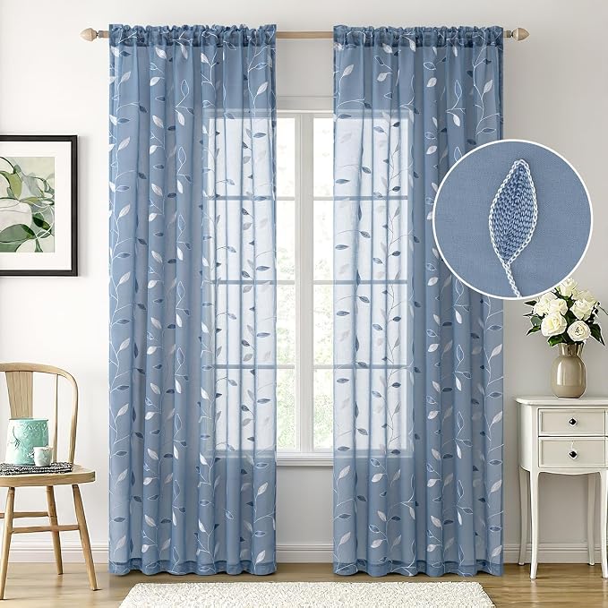 MIULEE Dusty Blue Sheer Curtains 2 Panels Embroidered Leaf Patterned Rod Pocket - Image 2