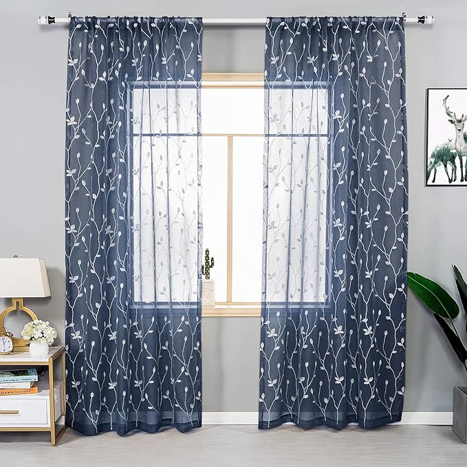 AmHoo 2 Panels Embroidered Leaf Pattern Semi Sheer Curtains Foliage Floral - Image 2