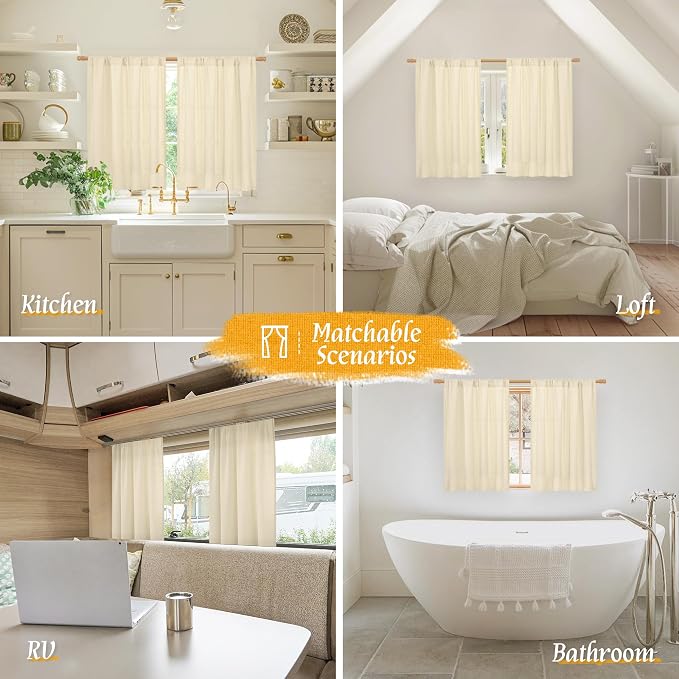 LAMIT Beige Linen Curtains for Small Windows, 45 Inches Long 2 Panels Light - Image 6