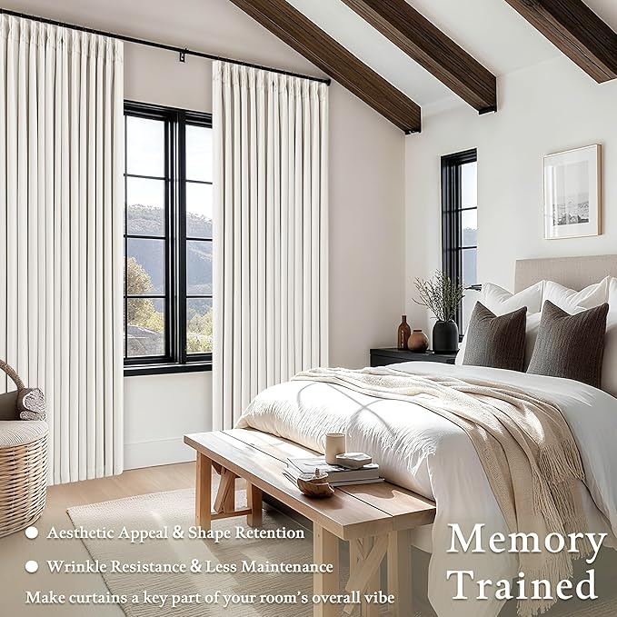 80 Inch Pinch Pleated Blackout Linen Bedroom Curtains Ivory White | Memory - Image 7