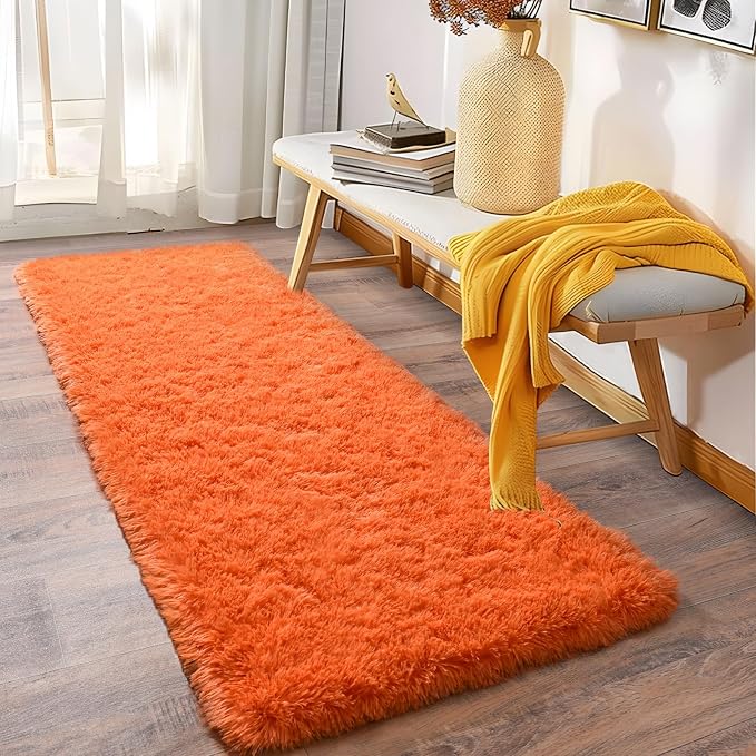 Soft Runner Rugs for Bedroom Hallways, 2x5 Orange Fluffy Shag Throw Area Rug - Image 2