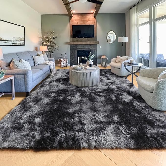 Abstract Area Rugs for Living Room 4x6, Plush Furry Tie-Dyed Dark Grey Rugs | - Image 9