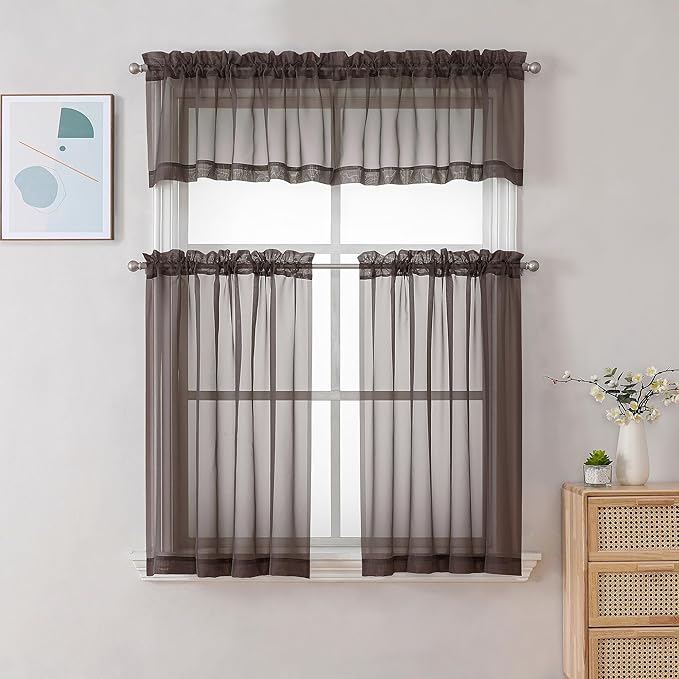 Chyhomenyc Sheer Valances for Windows 2 Pieces, 42Wx14L Inches Brown Small - Image 2