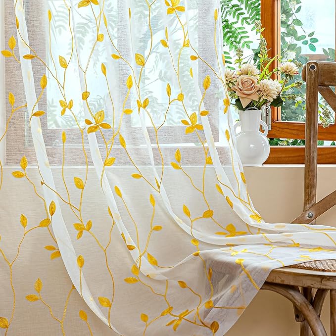 AmHoo 2 Panels Embroidered Leaf Pattern Semi Sheer Curtains Foliage Floral by AmHootextile