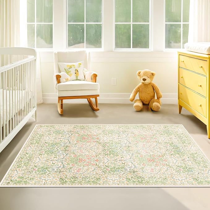 Washable Neutral Floral Living Room Rug, 3x5 Area Rugs - Image 2