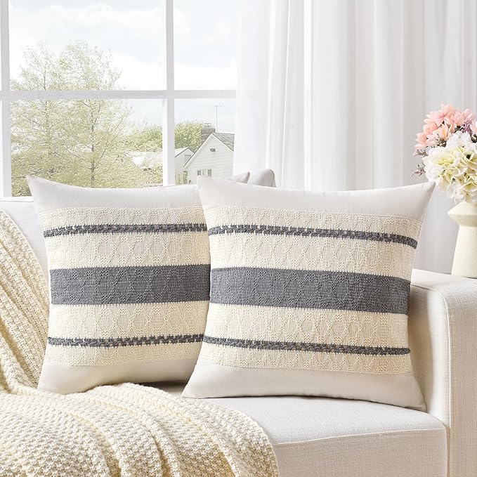 Fancy Homi Set of 1 Neutral Grey Farmhouse Decorative Throw Pillow Covers 18x18 - Image 2