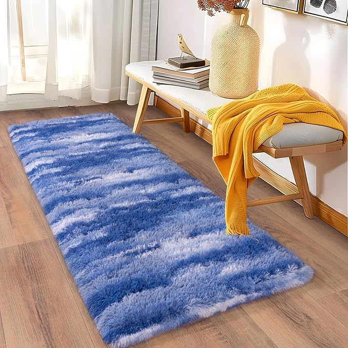Soft Runner Rugs for Bedroom Hallways, 2x5 Abstract Blue White Fluffy Shag - Image 3