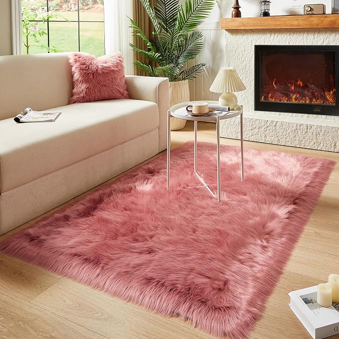 AMTOVO Faux Fur Sheepskin Rug for Living Room, 4 x 6 ft Blush Pink Fluffy Area - Image 7