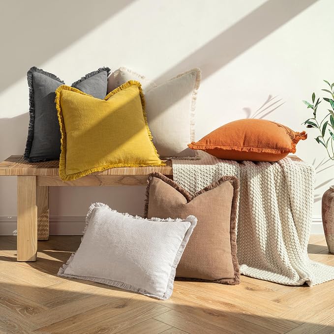 MIULEE Decorative Throw Pillow Covers Neutral Linen Fringe Throw Pillows Set of - Image 6