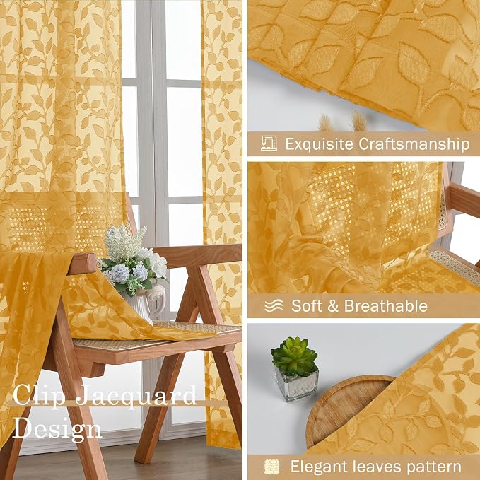 Chyhomenyc Gold Sheer Curtains 96 Inch Length 2 Panels Set, Light Filtering - Image 6