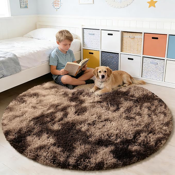 Tie-Dyed Coffee Fluffy Round Rug, Soft Area Rugs - Image 5