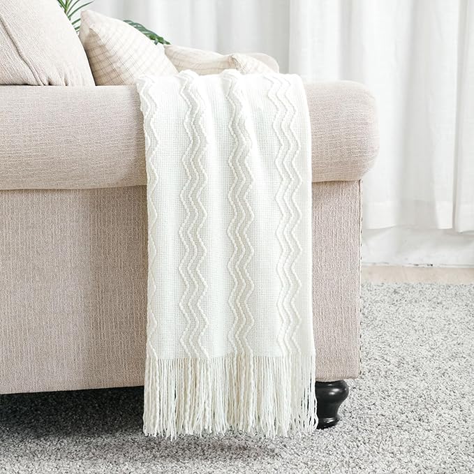 BOURINA Off White Throw Blanket 50 x90 Inches Throw Textured Solid Soft Sofa - Image 2