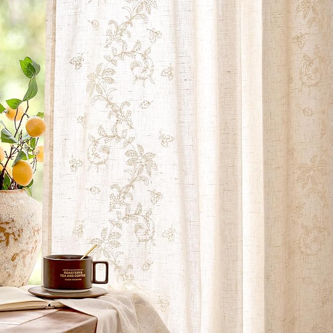 jinchan Evelyn Embroidered Linen Curtains 63 inch Floral Curtains by JINCHAN