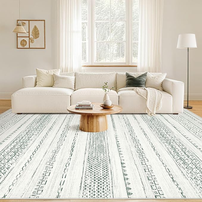 Nakagishi Green Rug Living Room 6x9: Washable Boho Large Neutral Farmhouse Soft - Image 4