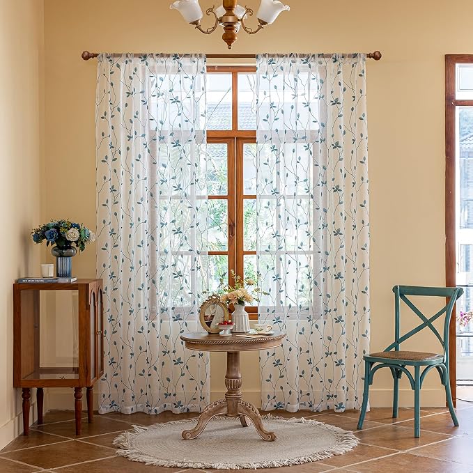 AmHoo 2 Panels Embroidered Leaf Pattern Semi Sheer Curtains Foliage Floral - Image 2