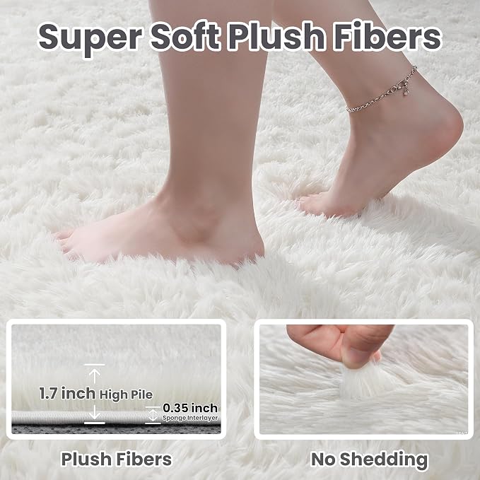 2x6 Bedside Area Rugs for Bedroom: Soft Fluffy Shag White Rug for Hallway - Image 4