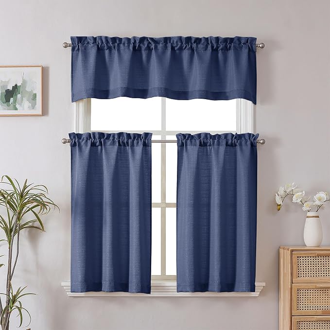 Chyhomenyc Blue Valance for Windows, Light Filtering Faux Linen Solid Short - Image 2