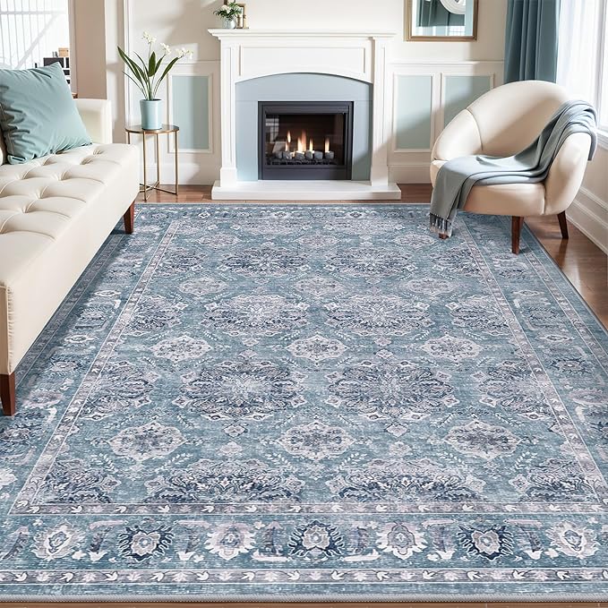 SERISSA Boho 8x10 Area Rugs Blue Grey, Washable Vintage Floral Large Living by SERISSAHomeDecorCollection
