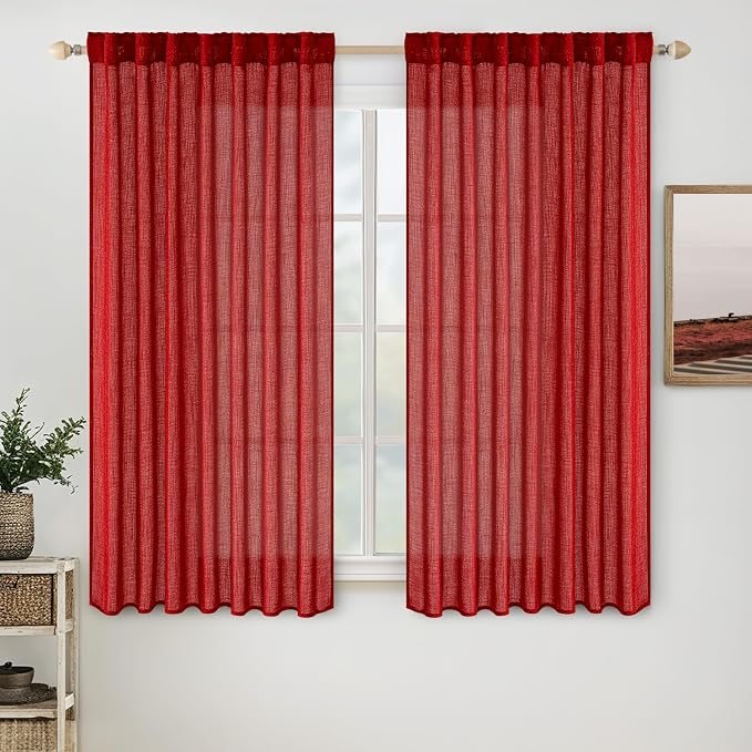 MIULEE Red Linen Short Curtains 63 Inch Length 2 Panels by MIULEE