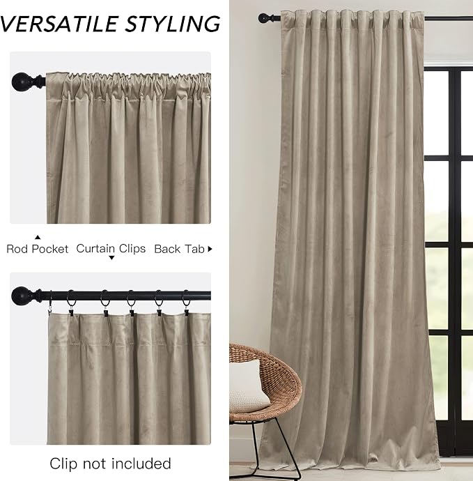 RYB HOME Camel Beige Velvet Curtains 84 inch, Room Darkening Window Curtains - Image 3