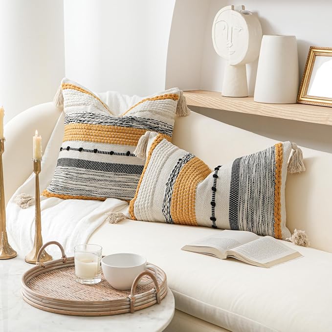 Decorative Lumbar Throw Pillow Cover 14x24 Boho Yellow Mustard Accent Cushion - Image 5