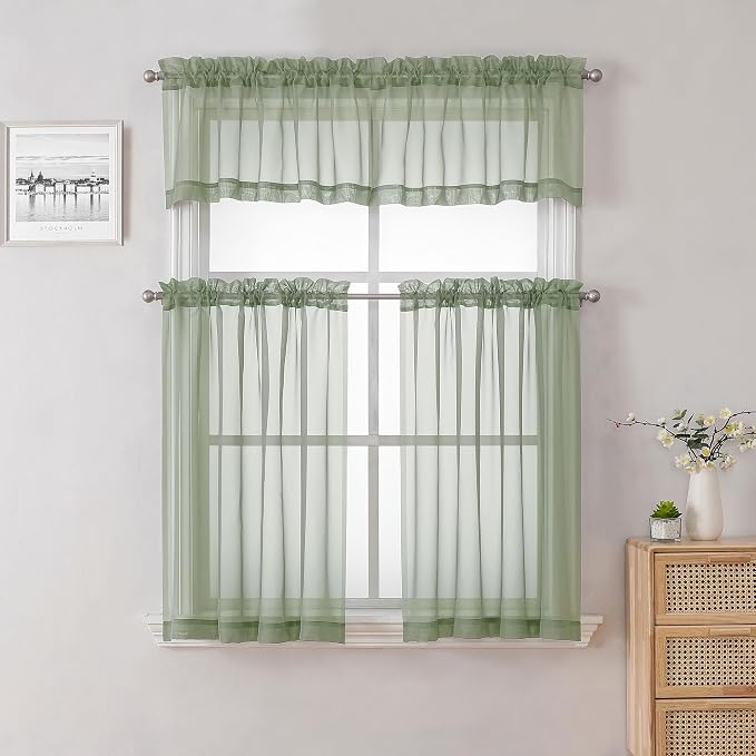 Lecloud Sage Green Sheer Curtains 18 Inch Length 2 Pcs, Cafe Kitchen Curtains - Image 7