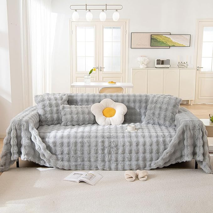 HANDONTIME Plush Sofa Covers Washable Rabbit Plush Couch Cover Soft Cozy Faux by HANDONTIME