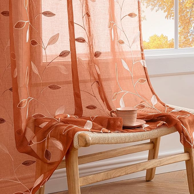 MIULEE Burnt Orange Sheer Curtains 2 Panels Embroidered Leaf Patterned Rod by MIULEE