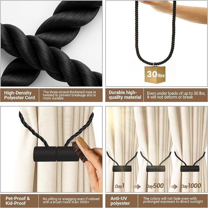 Hion Magnetic Curtain Tiebacks Black 2pcs, Curtain Tiebacks Buckles Holdbacks - Image 3