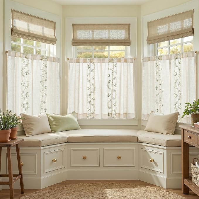 jinchan Belrose Linen Floral Kitchen Curtains 36 inch Length Embroidered - Image 2