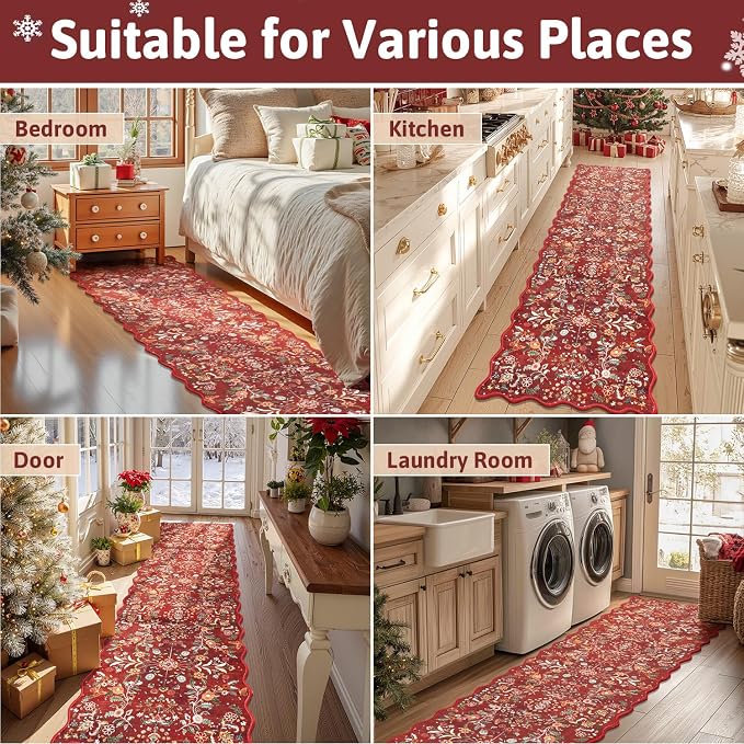 Yamaziot Christmas Runner Rug 2x8 – Red Floral Washable Non-Slip Carpet Runner - Image 6