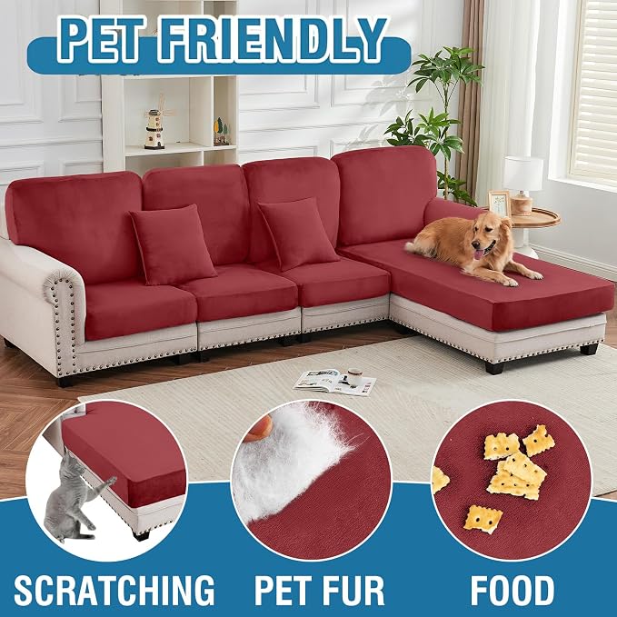 Couch Cover 6-Piece Elastic Velvet Couch Cushion Covers & Chaise Slipcovers - Image 3