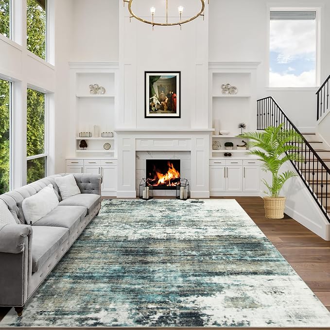 6x9 Area Rugs for Living Room: Washable Abstract Teal Green Badroom Carpet | by GENTDRIZZ