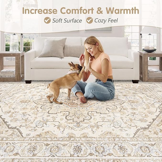 Area Rugs 9x12 Vintage Rug: Large Washable Living Room Rug Retro Medallion - Image 7